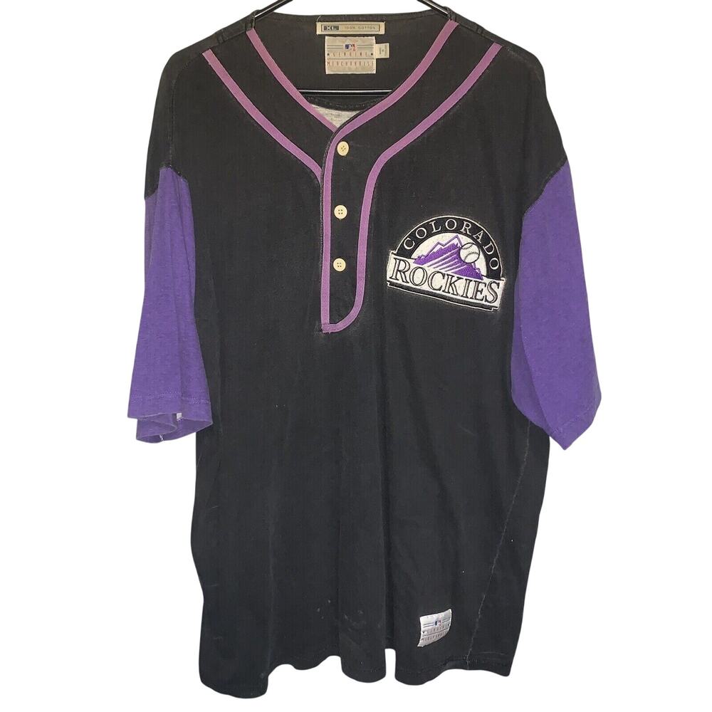 Vintage 90s MLB Colorado Rockies Black Purple Half Button Up Jersey XL